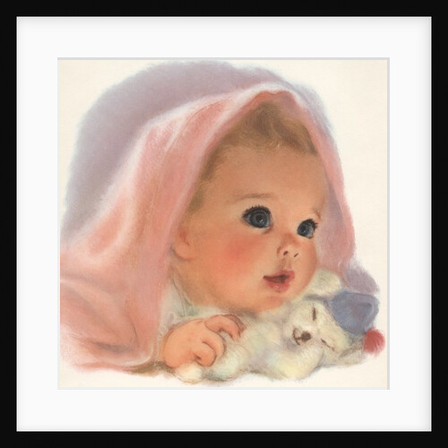 Baby girl with pink blanket and toy by Anonymous