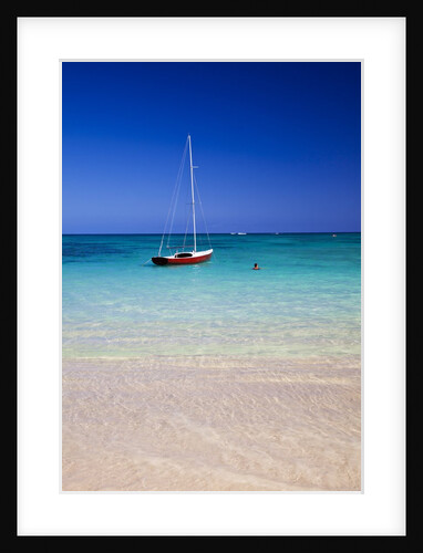 Sail Boat at Anchor in Blue Water With Swimmer by Anonymous