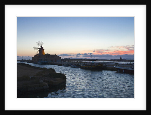 Windmill and saltworks at dusk , Marsala, Sicily, Italy by Anonymous