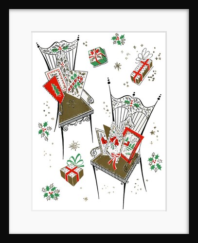 Vintage Illustration of Chairs with Christmas Cards and Gifts by Anonymous