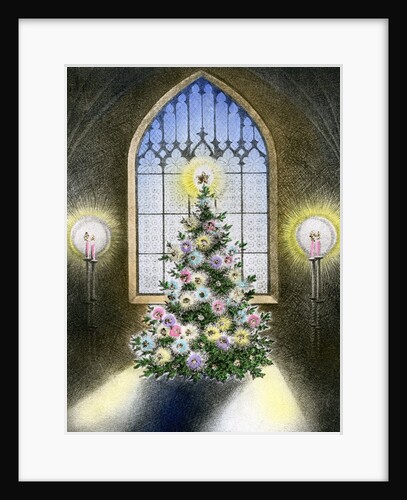 Vintage Illustration of Christmas Tree by a Church Window. by Anonymous