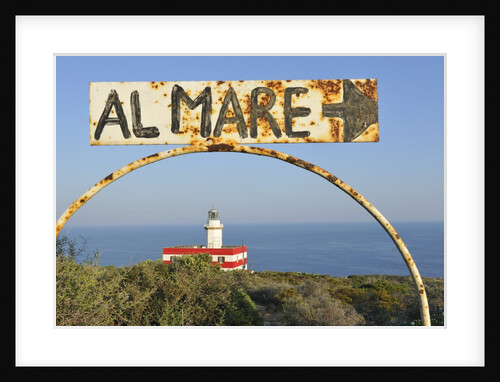 Lighthouse with rusty sign, Punta Capel Rosso, Italy by Anonymous
