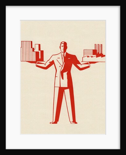 Businessman holding office building and factory by Anonymous