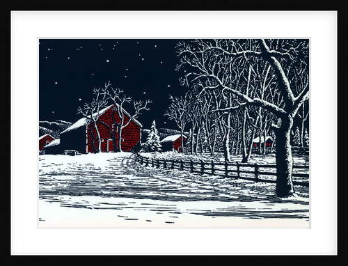 Red Barn in a Snowy Night Landscape by Anonymous