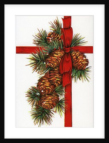 Vintage Illustration of a Christmas Present with Red Ribbon and Pine Cones by Anonymous