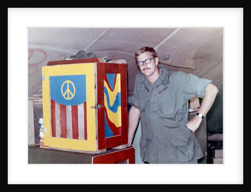 Snapshot of Army soldier with peace sign in Vietnam, ca. 1970 by Anonymous