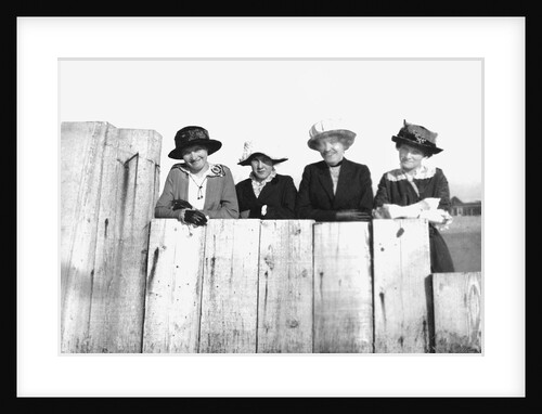 Four adult sisters pose along a fence, ca. 1910 by Anonymous