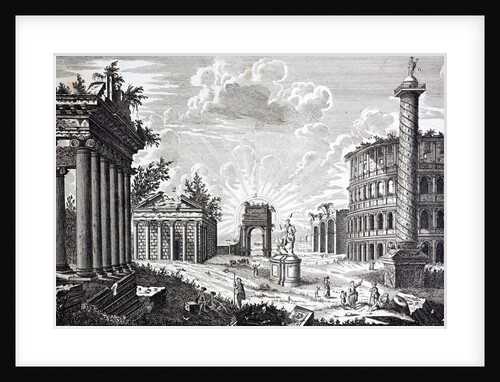 Roman Ruins. An 18th century engraving labelling key public buildings: by Anonymous