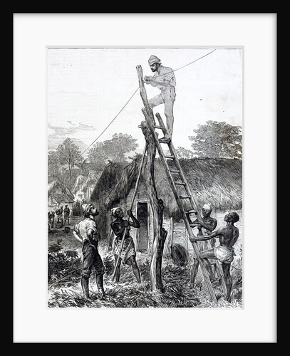 An 1874 newpaper engraving of the Ashanti War showing military personnel erecting a telegraph wire by Anonymous