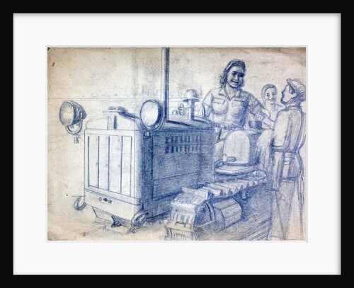 Drawing of a Soviet woman on a tracked tractor by Anonymous