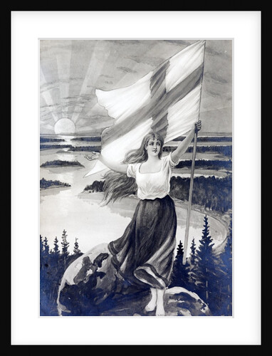 Patriotic Finnish maiden holding the raised flag of Finland by Anonymous
