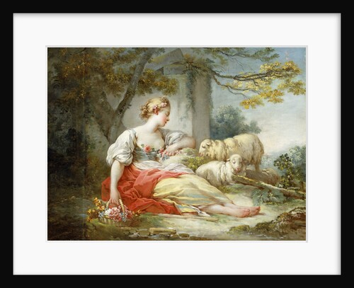 A Shepherdess Seated with Sheep and a Basket of Flowers Near a Ruin in a Wooded Landscape by Jean-Honore Fragonard