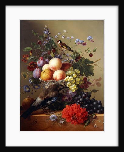 Peaches, Grapes, Plums and Flowers in a Glass vase with a Jay on a Ledge by Arnoldus Bloemers