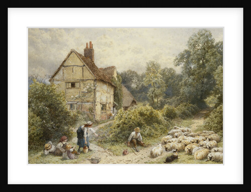 Fowl House Farm, Witley, with Children, a Shepherd and a Flock of Sheep Nearby by Myles Birket Foster