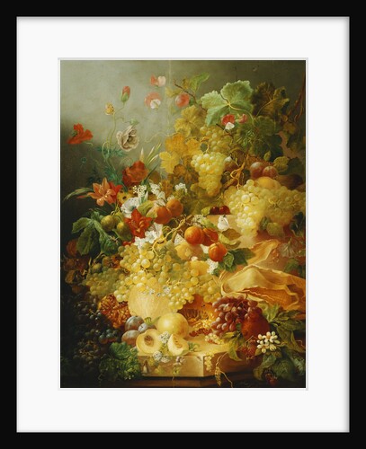 Peaches, Melons and Grapes with Sweet Peas and Poppies on a Stone Ledge by Jan van der Waarden