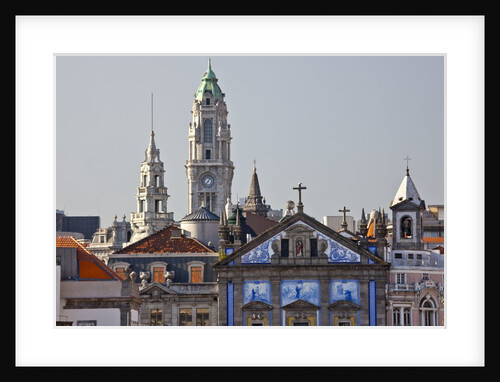 The church of St. Anthony of Congregados with blue and white azulejos tiles on the wall. The clock by Anonymous