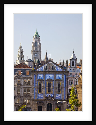 The church of St. Anthony of Congregados with blue and white azulejos tiles on the wall. The clock by Anonymous