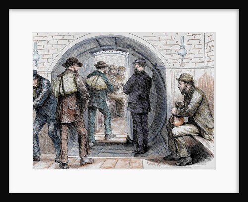 Tunnel in London. Workers going to their jobs. Colored engraving by Anonymous