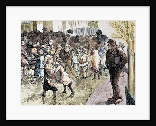 Poverty in Sheffield. Needy kids going to the distribution of food in Vestryhall. Colored engraving by Anonymous