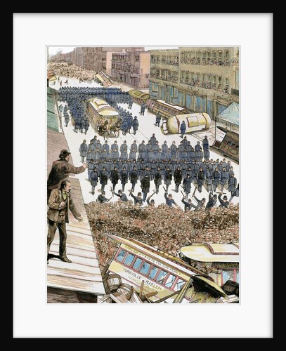 Police officers dispersing the strike of employees of Streetcar in New York, March 4, 1886. Colored by Anonymous