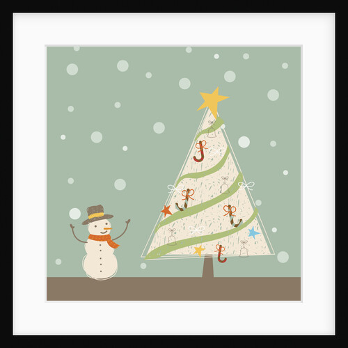 A snowman next to a Christmas tree by Anonymous