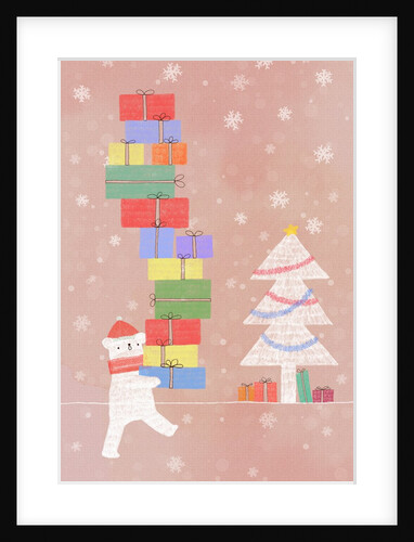 Illustration of santa bear holding a pile of presents by Anonymous