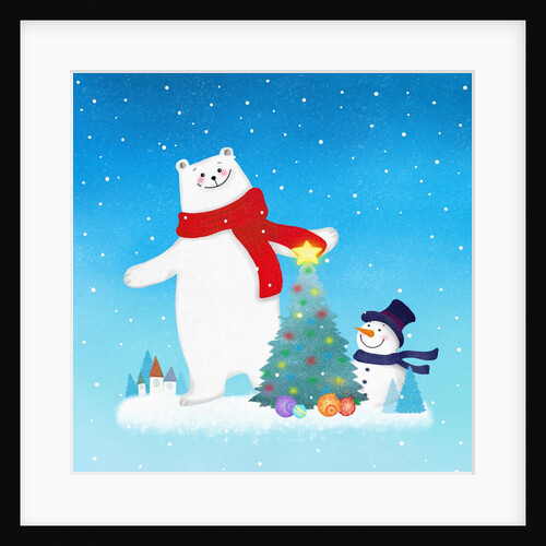 Illustration of a christmas tree between polar bear and snowman by Anonymous