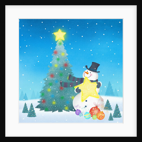 Illustration of snowman next to a chirstmas tree by Anonymous