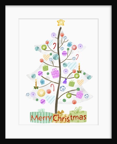 Illustration of Christmas tree and merry Christmas sign by Anonymous