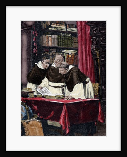 Monks reading a copy of the Gutenberg Bible by Anonymous