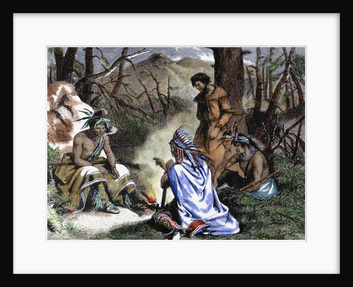 Indians deciding the fate of the prisoner. Engraving by Anonymous