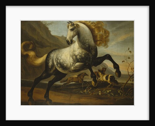 A Grey Prancing Stallion with Flowing Mane with Stallions Fighting in a Rocky Landscape by Anonymous