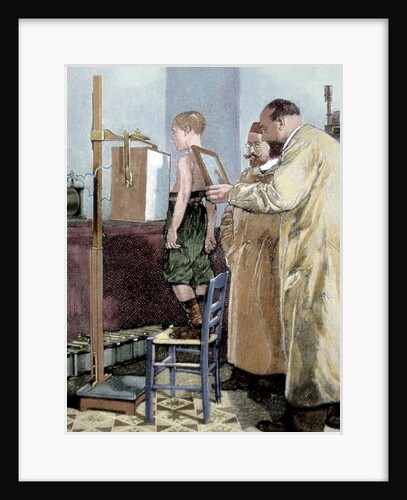 Rontgen, Wilhelm Conrad (1845-1923). German physicist. Rontgen exploring a child with X-ray device b by Anonymous