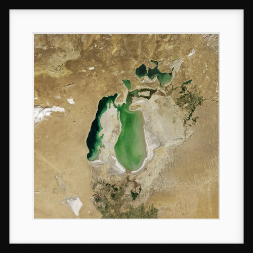 Satellite view of the Aral Sea in 2002, with the 1960 shoreline super-imposed by Anonymous