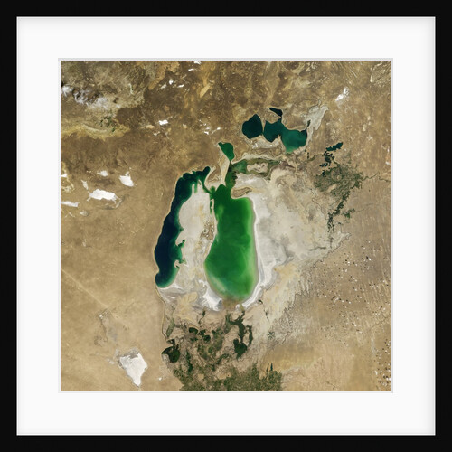 Satellite view of the Aral Sea in 2003, with the 1960 shoreline super-imposed by Anonymous