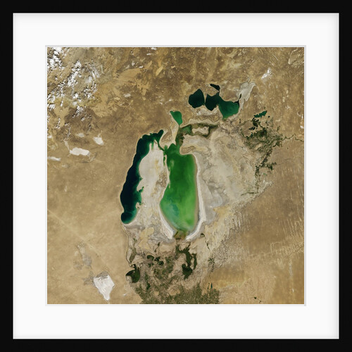 Satellite view of the Aral Sea in 2004, with the 1960 shoreline super-imposed by Anonymous