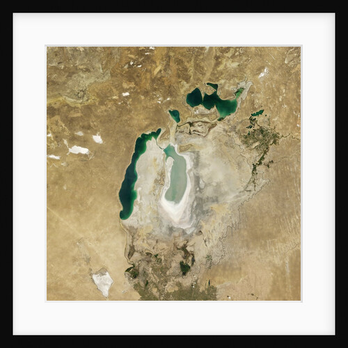 Satellite view of the Aral Sea in 2008, with the 1960 shoreline super-imposed by Anonymous