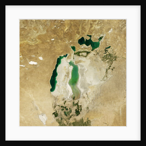 Satellite view of the Aral Sea in 2010, with the 1960 shoreline super-imposed by Anonymous