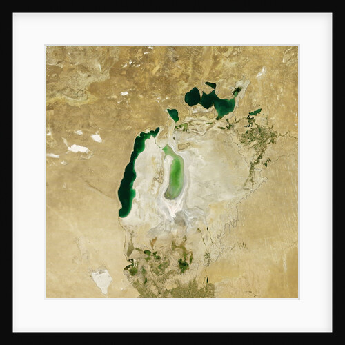 Satellite view of the Aral Sea in 2011, with the 1960 shoreline super-imposed by Anonymous