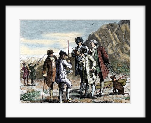 Pascal, Blaise (1623-1662). Measuring the air pressure. Colored engraving by Anonymous