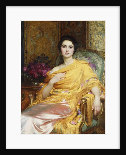 Portrait of Elsa, Daughter of William Hall, three-quarter length, seated wearing a Pink Dress and Yellow Wrap by Sir Frank Dicksee