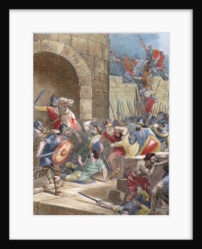 King Wamba (d.687) at the siege of Nimes (673). Colored engraving by Anonymous