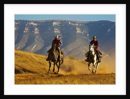 Cowgirl and cowboy riding together by Anonymous