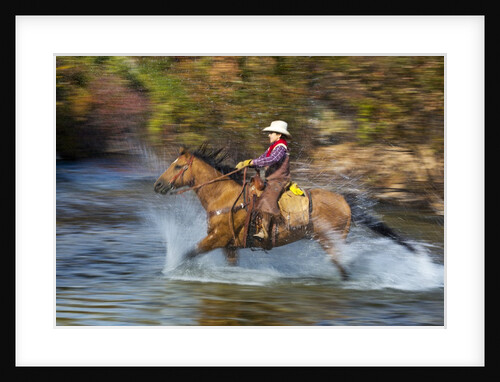 Young cowboy crossing river on his horse by Anonymous