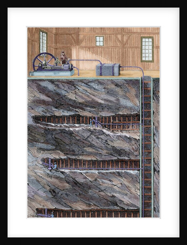 Mining. Coal mine with several floors. Colored engraving by Anonymous