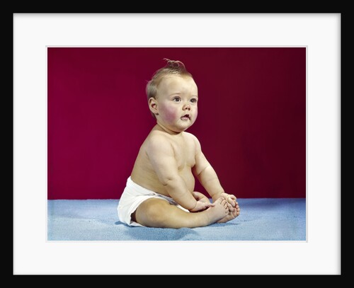 1960s Baby In Diaper Sitting Up Unsupported Red Background by Anonymous