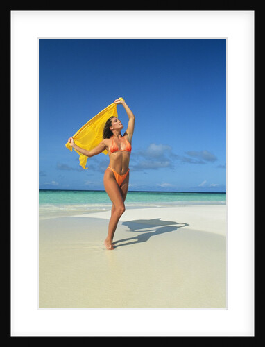 1980s 1990s Woman On Beach Wearing Orange Bikini Holding Yellow Cloth Mopion Island West Indies by Anonymous