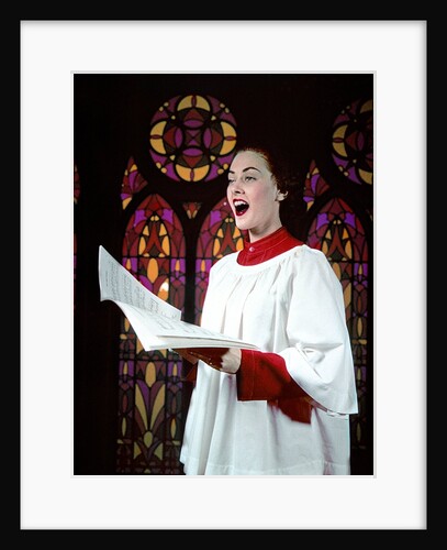 1950s Woman Singing Choir Robe Stained Glass Background by Anonymous