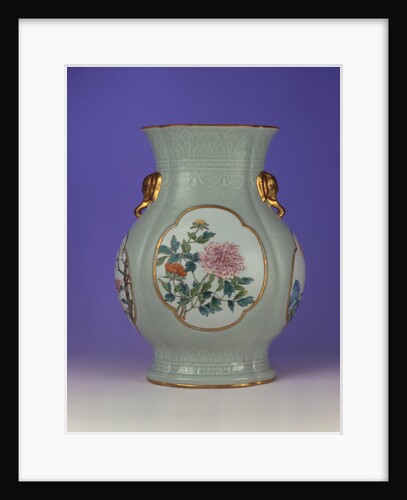 A fine and very rare famille rose celadon-ground vase with a gilt outlined enamel of prunus and roses, one of four enamels depicting the 'Flowers of the Four Seasons' by Anonymous