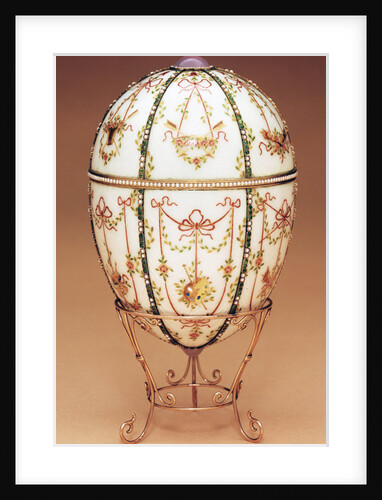 Faberge Kelch Bonbonniere egg shown in a gold egg-stand of scroll design by Anonymous